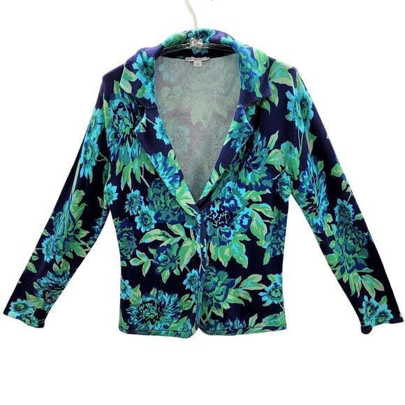 Isaac Mizrahi Live Blue Green Floral Knit Resort Wear 2‎ Button Sweater Jacket - Picture 1 of 12